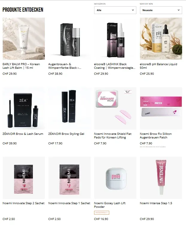 Auswahl an Wimpern- und Brow-Produkten im Online-Shop von Beauty & Ink